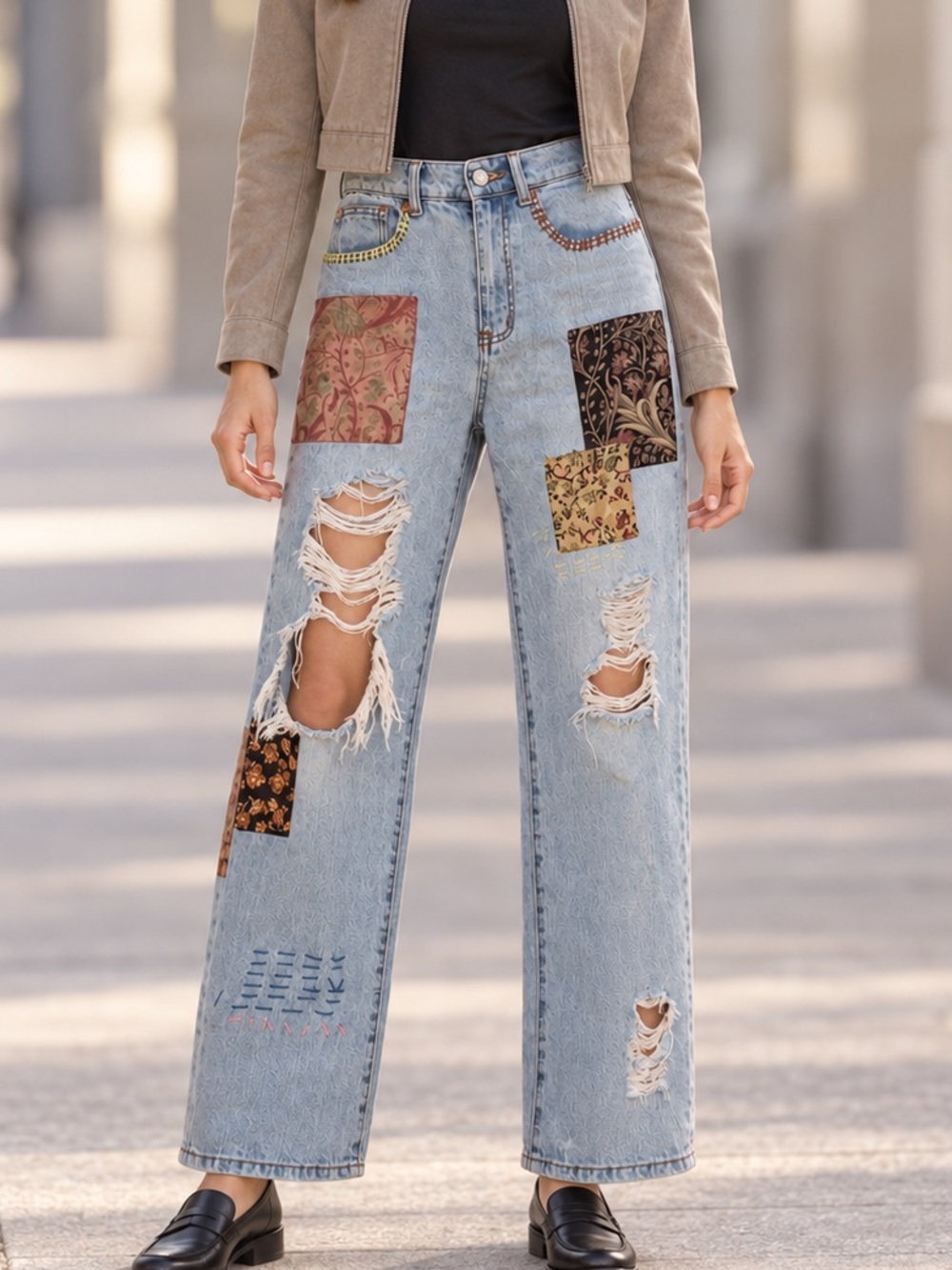 BDG Patchwork Cowboy Jeans Distressed Wide Leg Light Wash Size 26